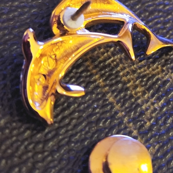 SWAROVSKI Double Dolphins Glitzy Tac Pin Sealife Flipper Rhinestones Gold Brooch - Picture 10 of 13